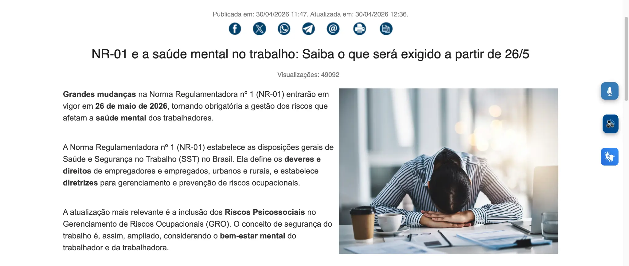 Print de notícias sobre NR-1 e saúde mental